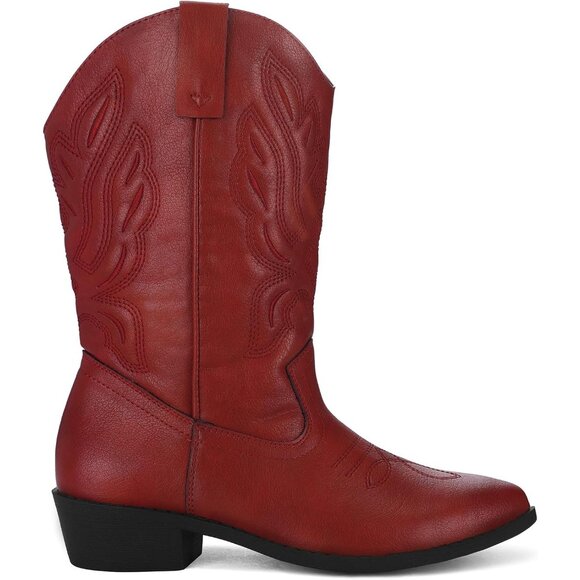 mysoft Women's Red Western Cowboy Boots Mid Calf Pointed Toe Cowgirl - Picture 4 of 6